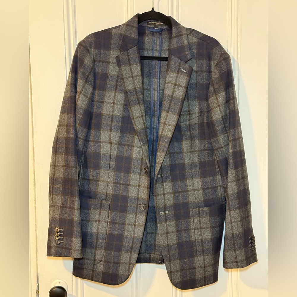 Banana Republic Melton Blazer Mens 40R Tailored Fit Plaid Wool Blend Blue Coat